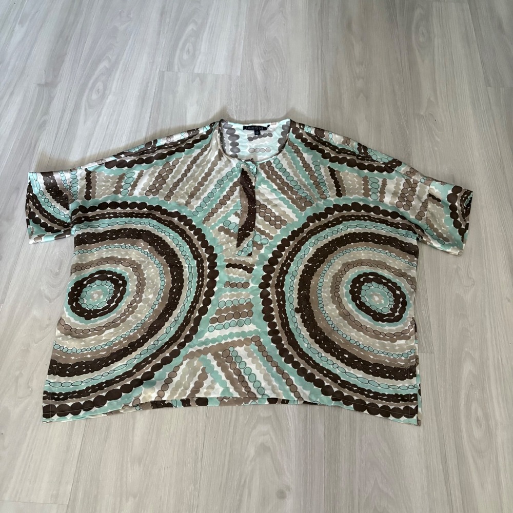 Lafayette 148 New York Women Blouse Silk Geometric Circle Print Teal Brown Siz L - Picture 2 of 9